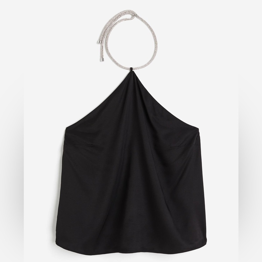 H&M Black Halter Neck Top with Silver Rope Tie